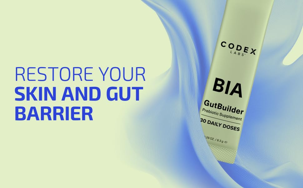 Codex Beauty GutBuilder ingredients spread illustrates a fiber-rich blend for gut health.