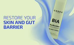 Codex Beauty GutBuilder ingredients spread illustrates a fiber-rich blend for gut health.