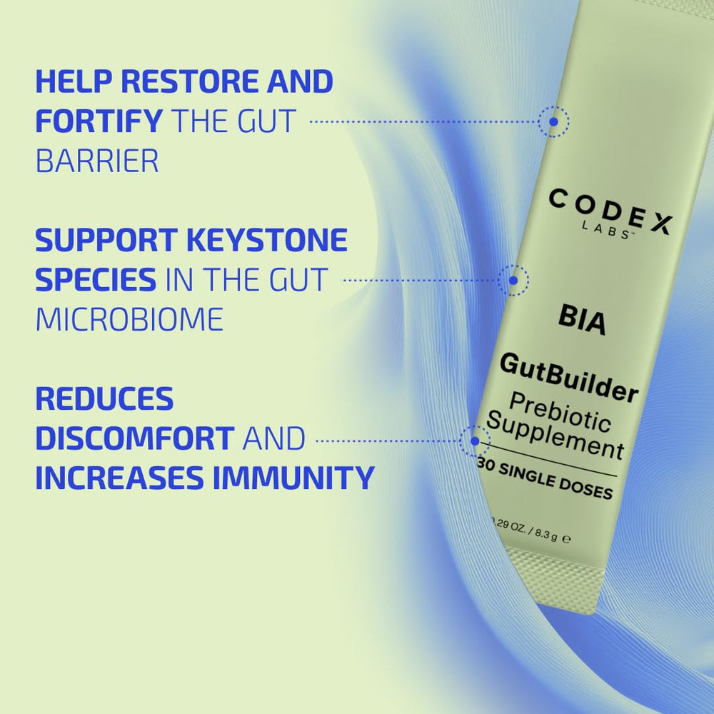 Codex Beauty GutBuilder label close-up highlights key features for gut support.