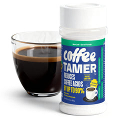 Coffee Tamer acid reducer bottle reduces coffee acidity while preserving flavor.