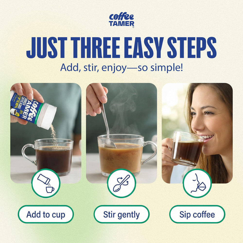 In-cup action shows Coffee Tamer reducing acidity in hot or iced coffee.