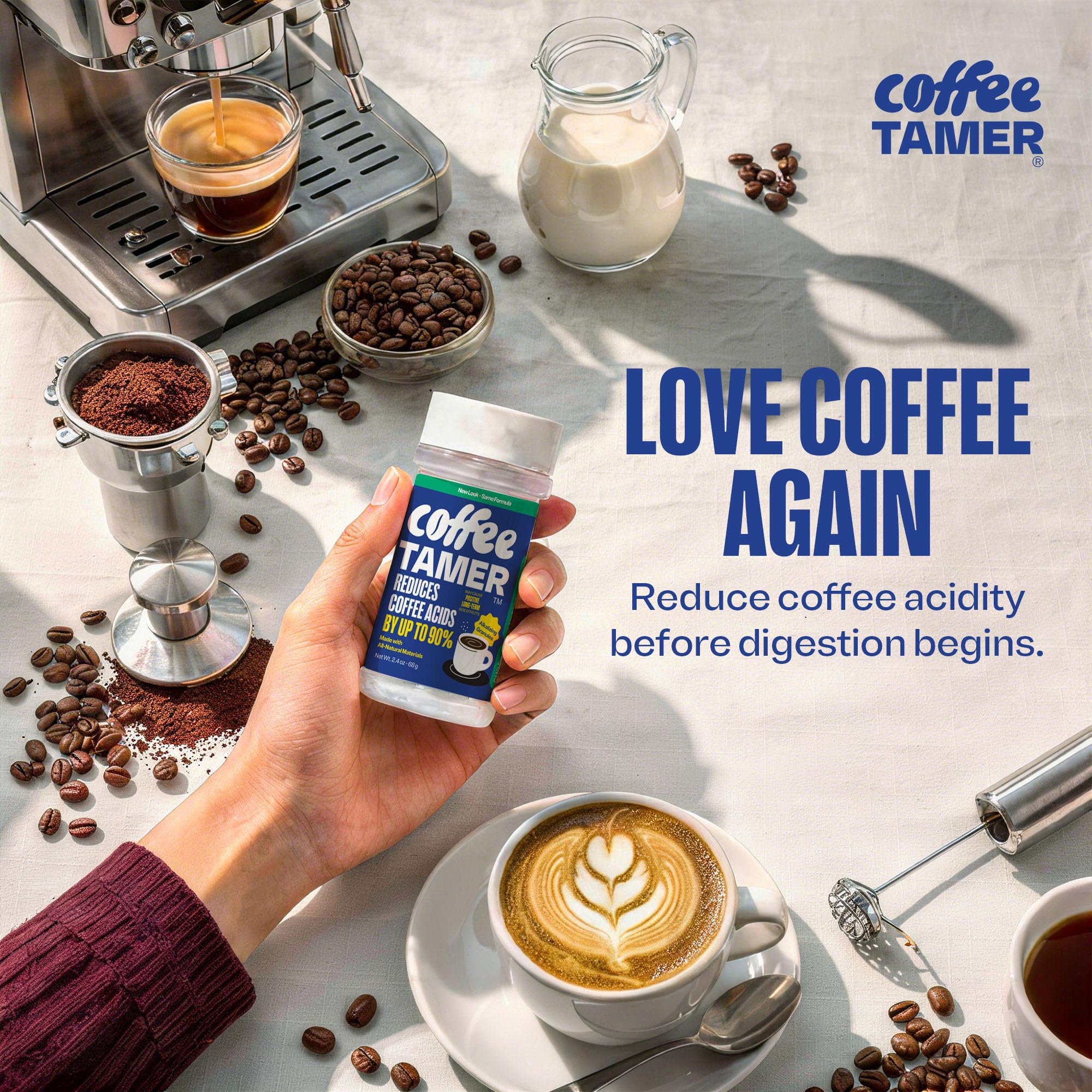 Modern kitchen scene with Coffee Tamer reducing coffee acidity.