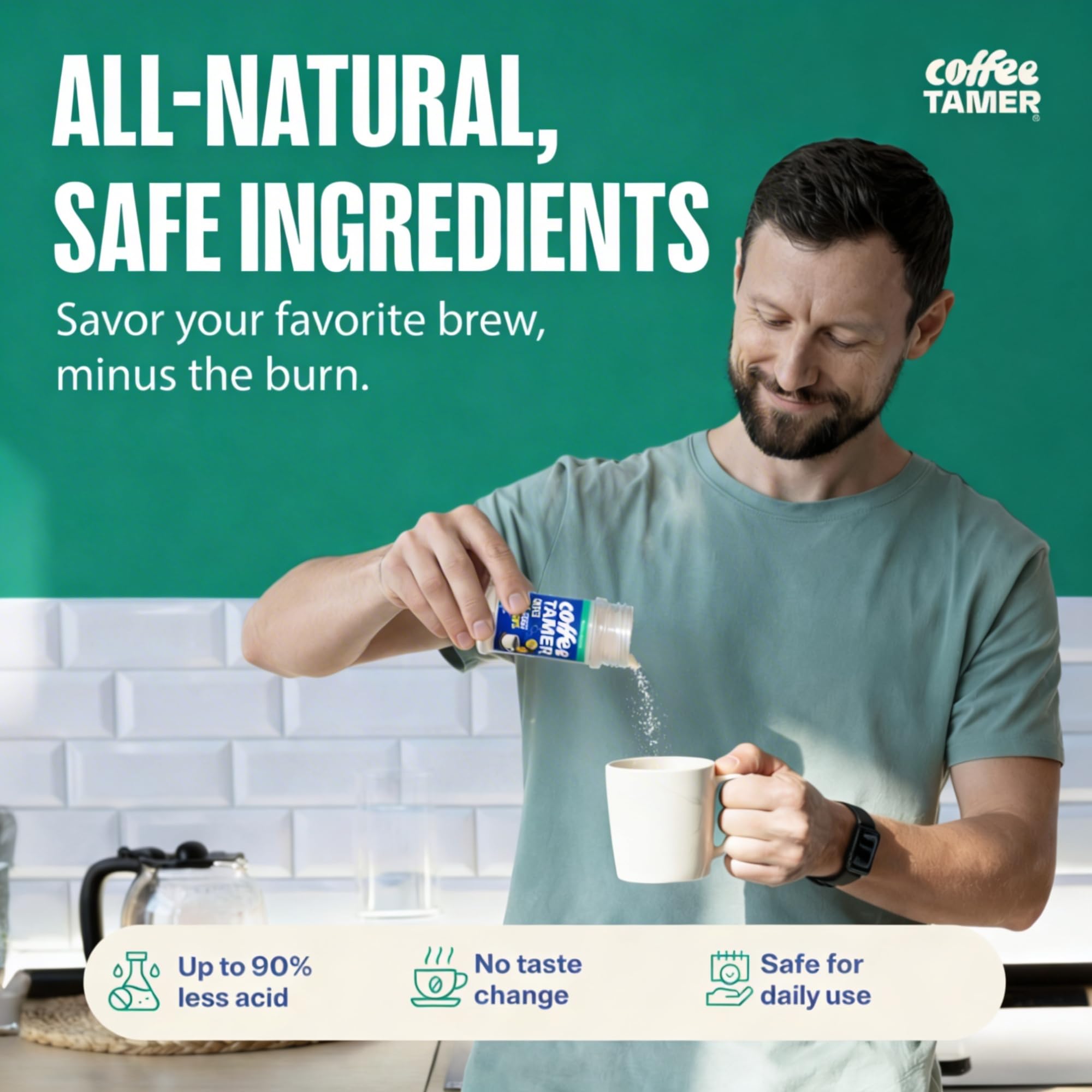 Pouring Coffee Tamer into a cup for acidity reduction without altering aroma.