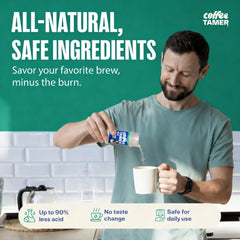 Pouring Coffee Tamer into a cup for acidity reduction without altering aroma.