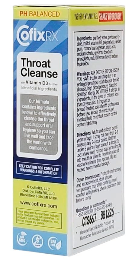 CofixRX Throat Cleanse packaging front highlights compact 28 mL size for travel.