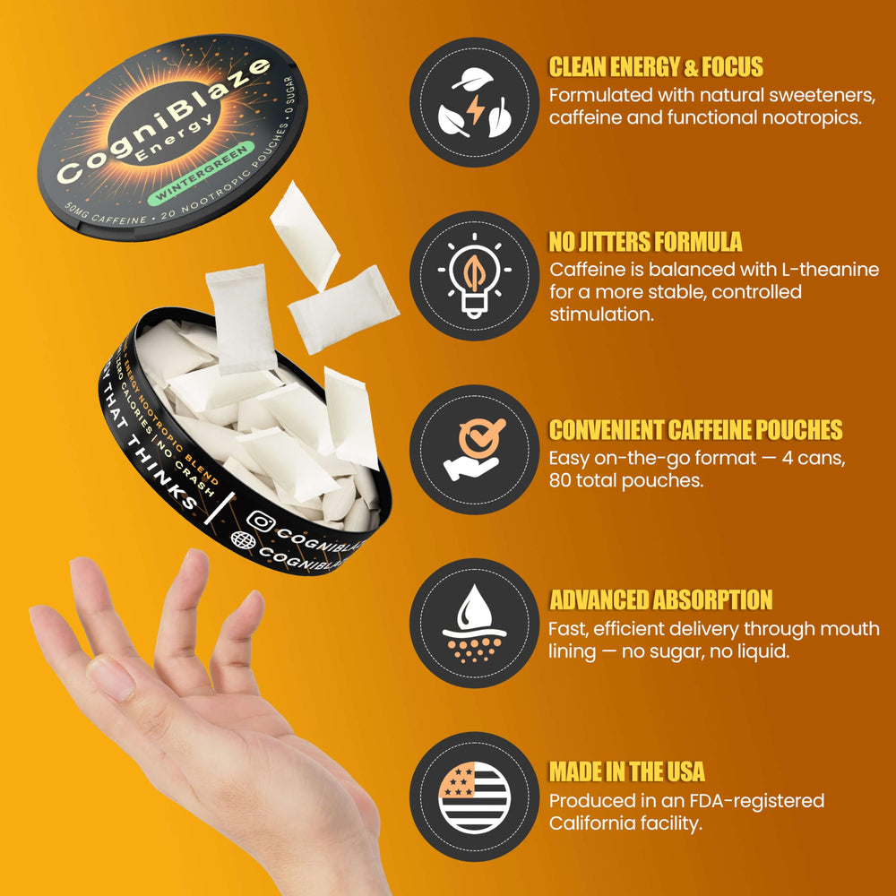 CogniBlaze Wintergreen ingredient graphic highlighting Alpha GPC and L-Theanine benefits