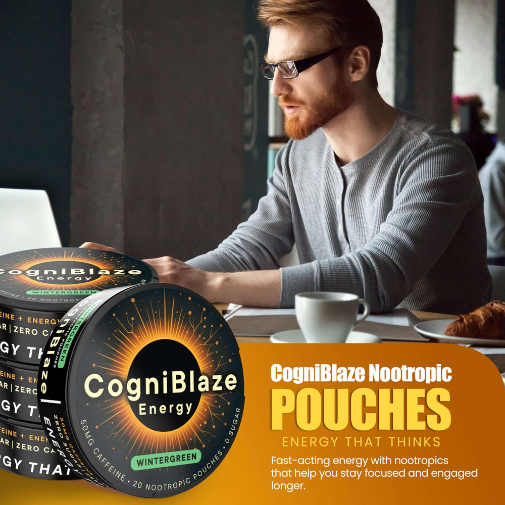 CogniBlaze Wintergreen packaging close-up highlighting zero sugar formula for steady energy