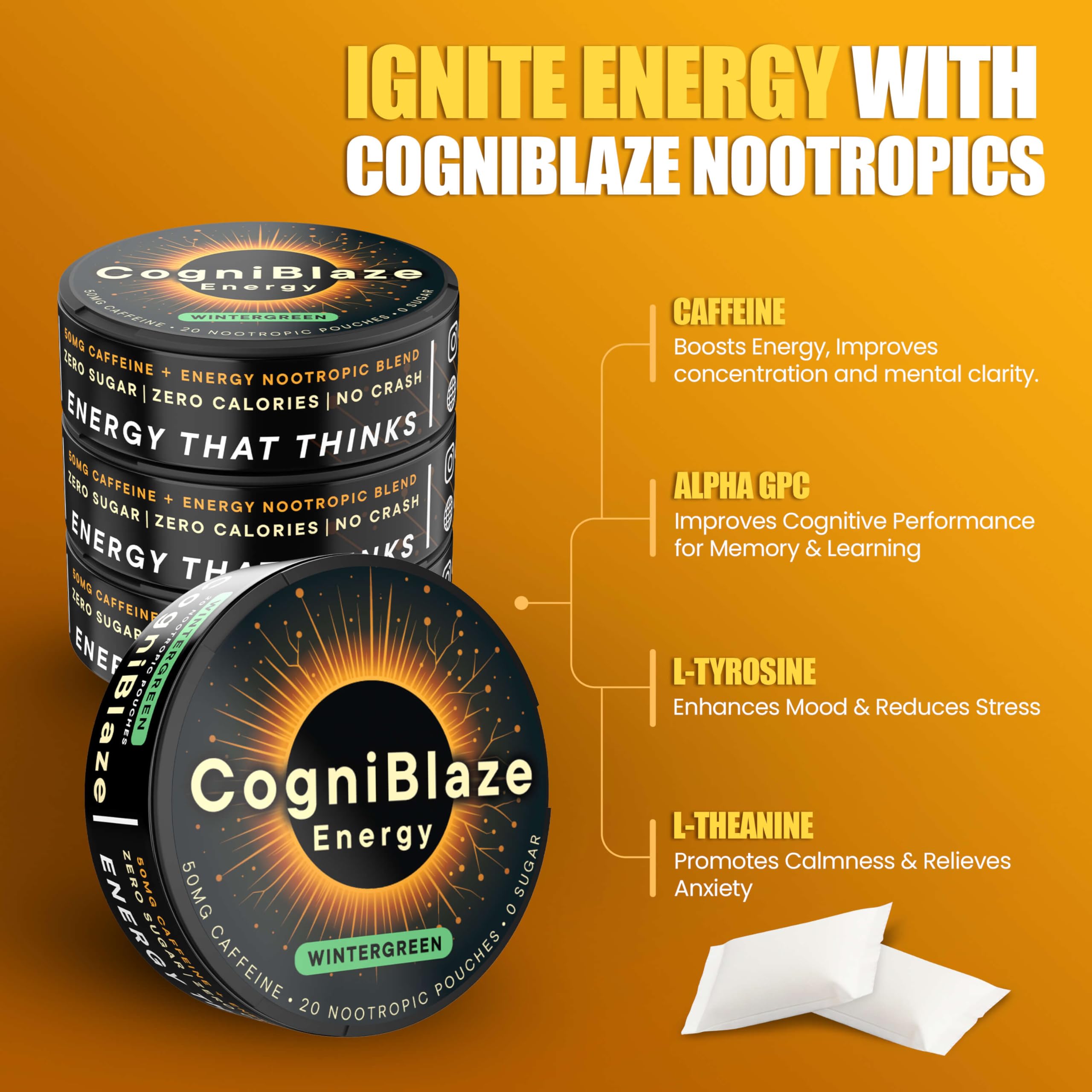 CogniBlaze Wintergreen pouches on a desk for focused study sessions