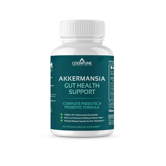 CogniTune Akkermansia bottle close-up suggesting gut balance potential