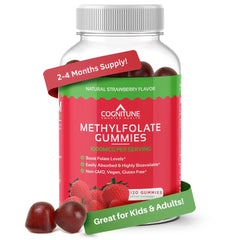 CogniTune L-Methylfolate gummies bottle shows strawberry flavor for daily brain support