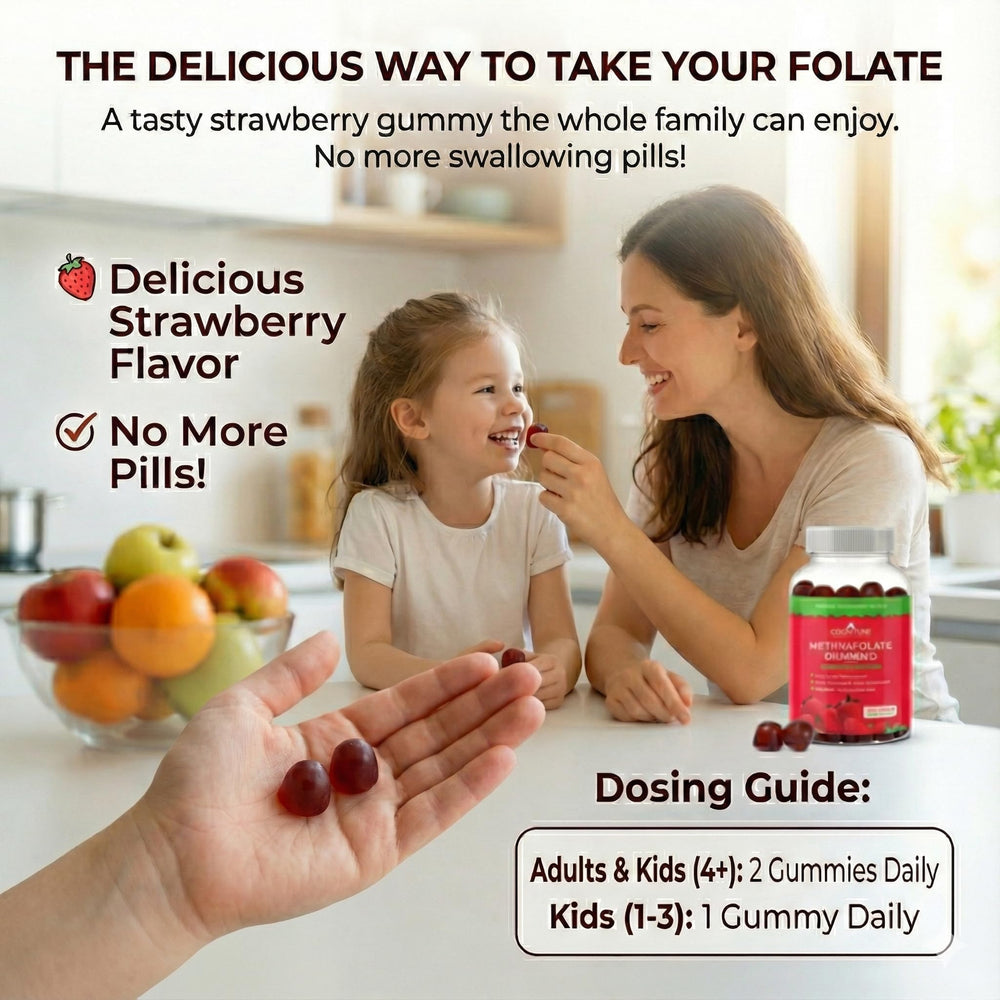 CogniTune L-Methylfolate gummies closeup highlights easy-to-chew strawberry bites