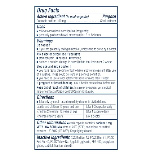 Close-up of Colace 100 mg capsules showing a gentle, non-stimulant option for relief.