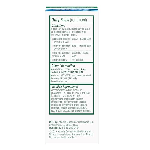 Colace 2in1 tablets bottle closeup highlighting stool softener and laxative action.