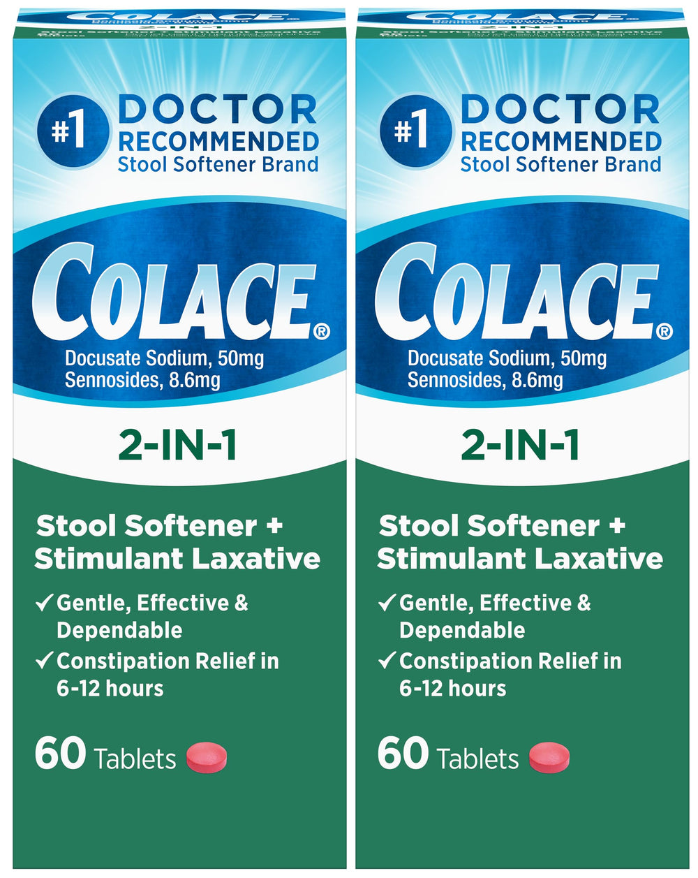 Colace 2in1 tablets pack 60-count shown in packaging for gentle overnight relief.