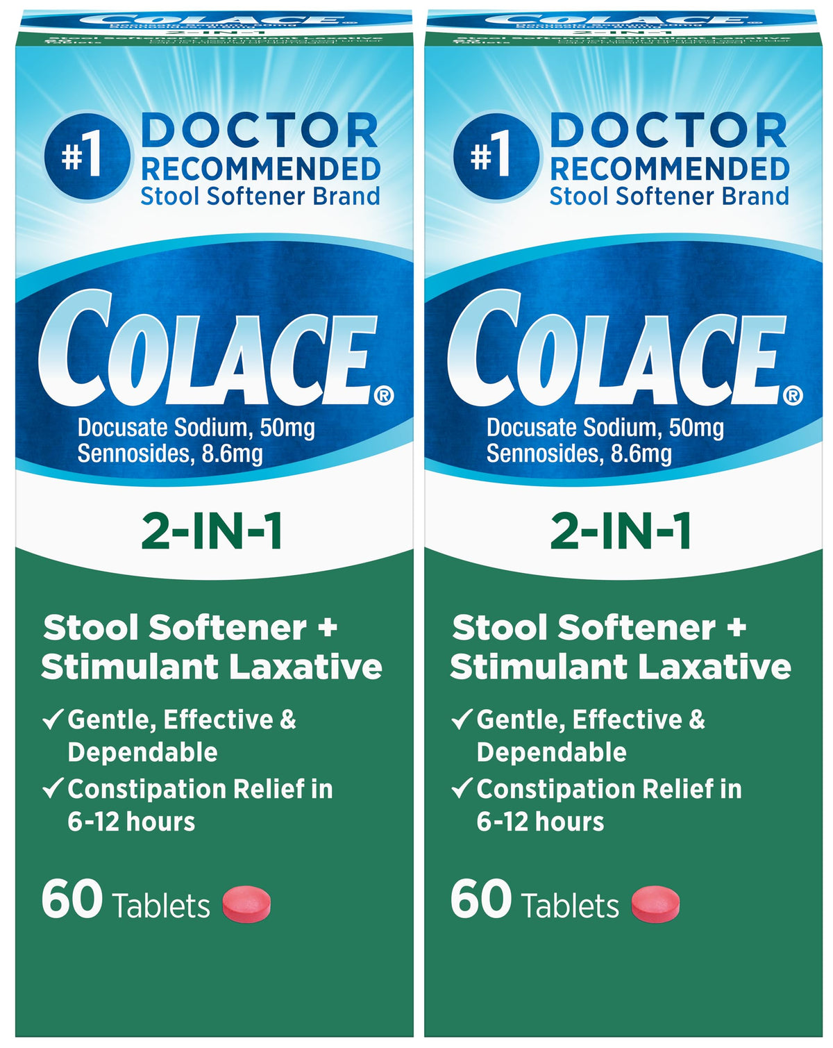 Colace 2in1 tablets pack 60-count shown in packaging for gentle overnight relief.