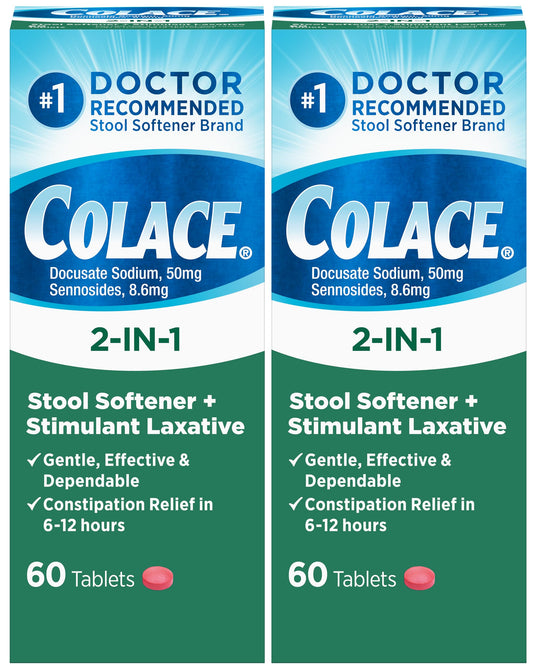 Colace 2in1 tablets pack 60-count shown in packaging for gentle overnight relief.