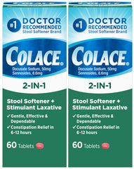 Colace 2in1 tablets pack 60-count shown in packaging for gentle overnight relief.