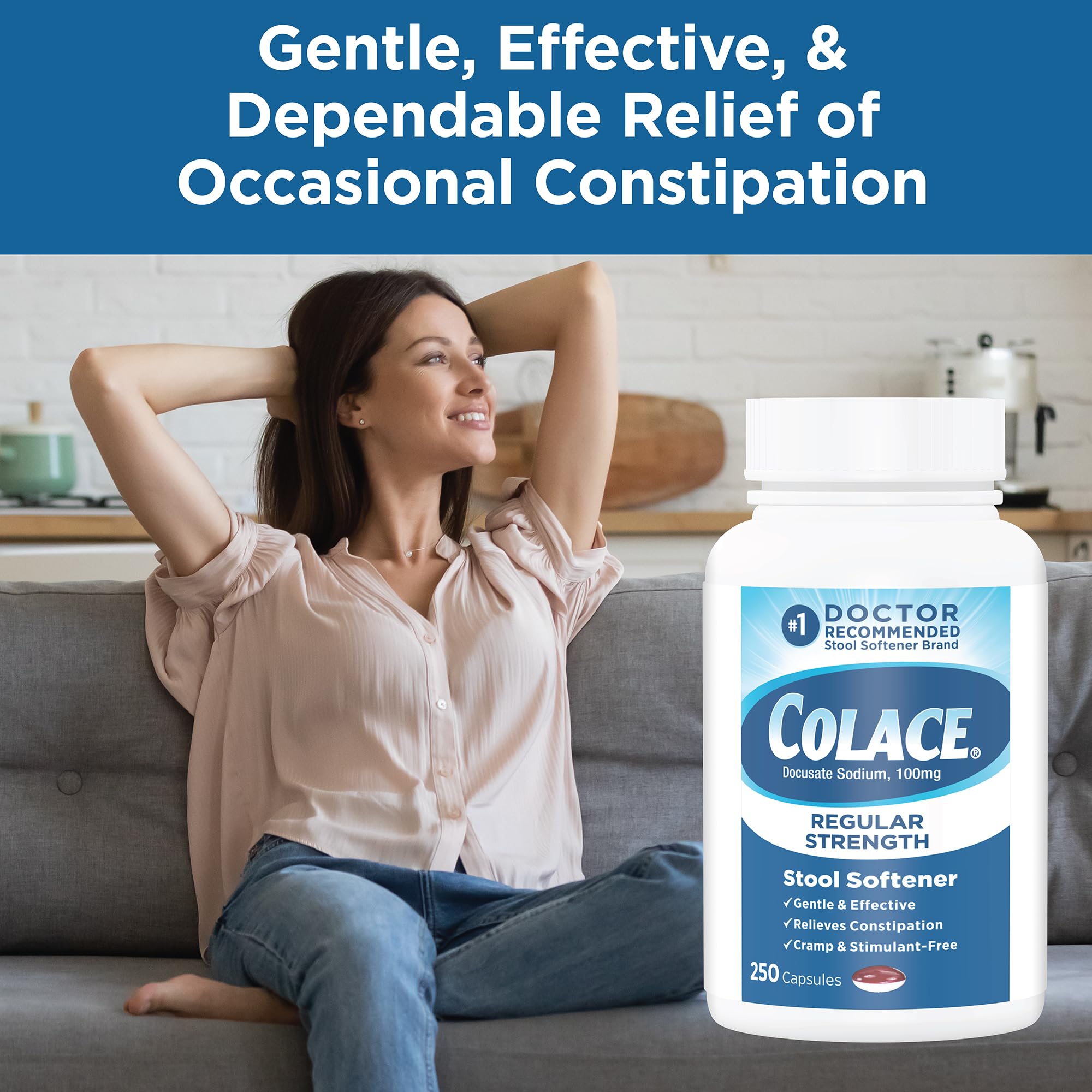 Colace bottle label detail emphasizing gentle constipation relief without cramping.
