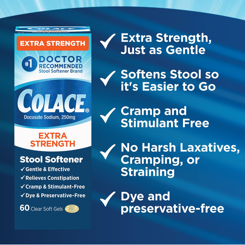 Colace bottle on morning table with water for easy use.