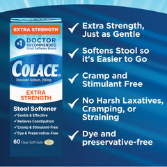 Colace bottle on morning table with water for easy use.