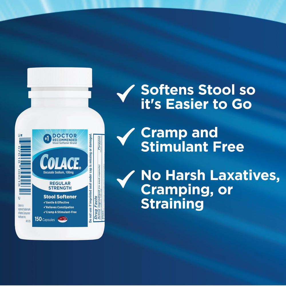 Colace bottle with information card signals trusted, doctor-endorsed use