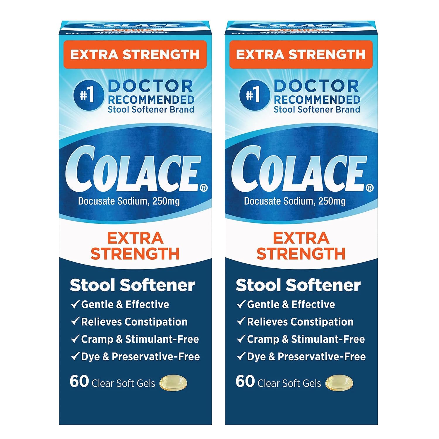 Colace extra strength stool softener bottle on kitchen counter for gentle relief.