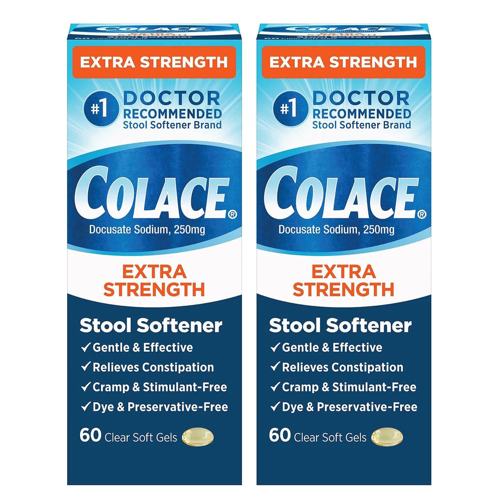 Colace extra strength stool softener bottle on kitchen counter for gentle relief.