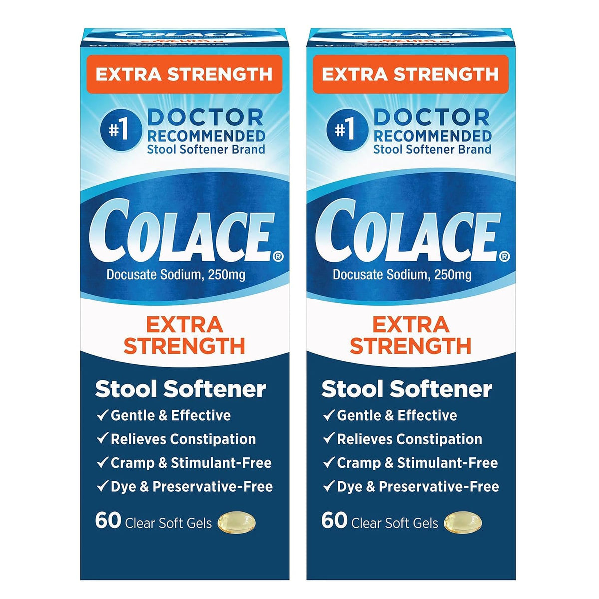 Colace extra strength stool softener bottle on kitchen counter for gentle relief.