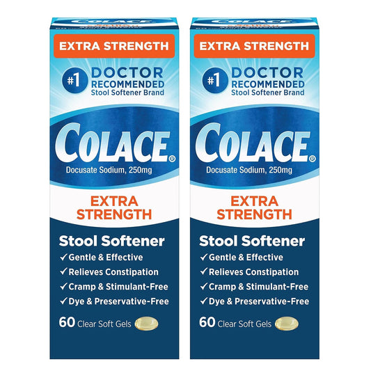 Colace extra strength stool softener bottle on kitchen counter for gentle relief.