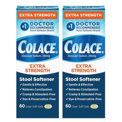 Colace extra strength stool softener bottle on kitchen counter for gentle relief.