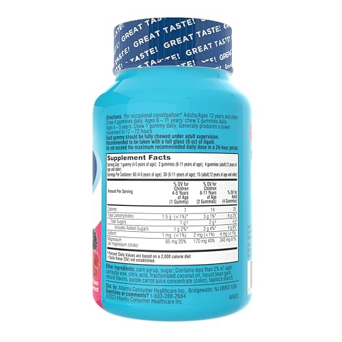Colace Gummies bottle side view, packaging details for convenient, non-stimulant support.