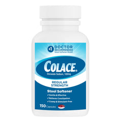 Colace regular-strength bottle front promoting gentle, doctor-recommended constipation relief