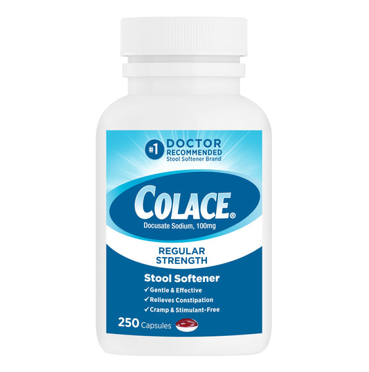 Colace Regular Strength bottle with capsules for gentle constipation relief.