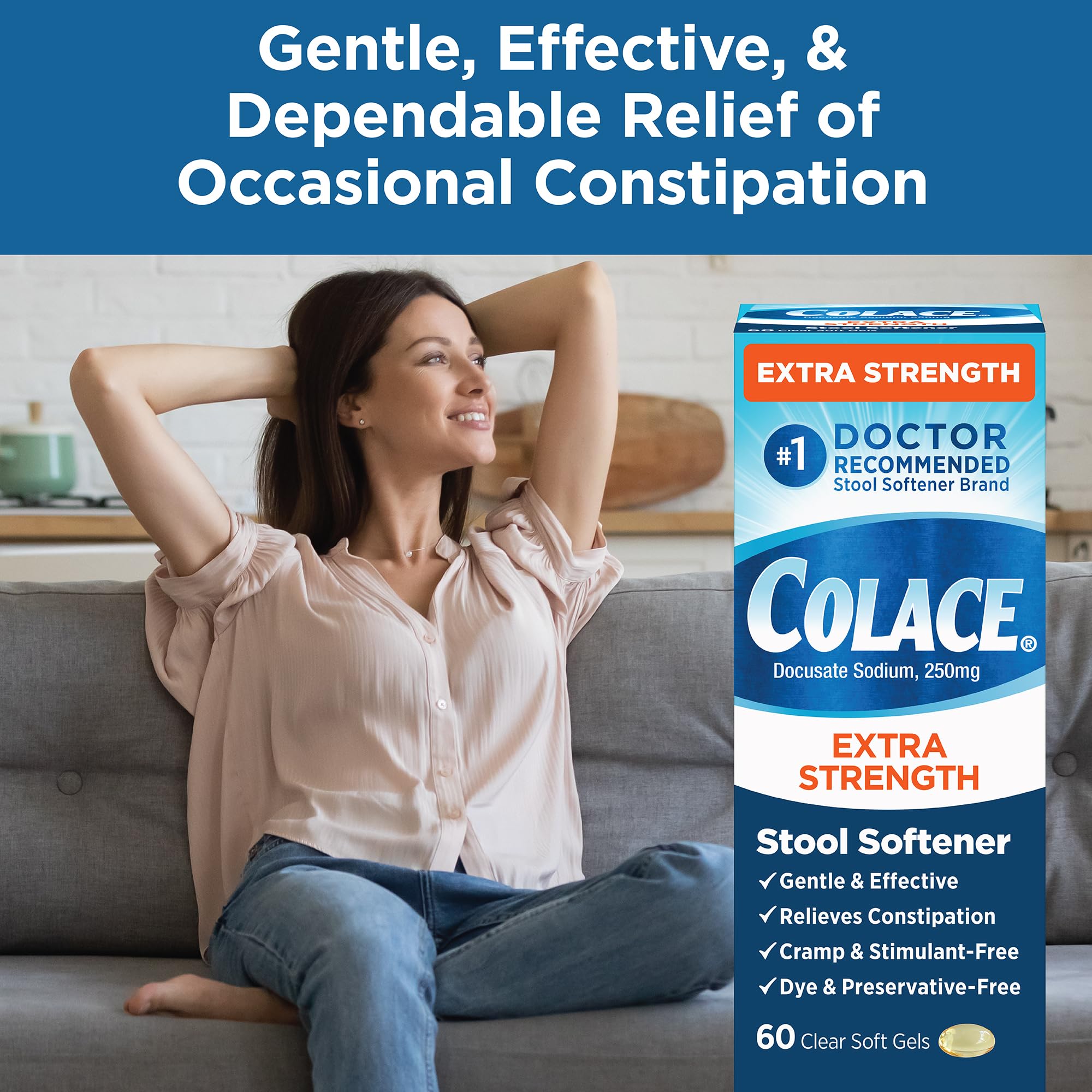 Colace stool softener label close-up with dosage details.