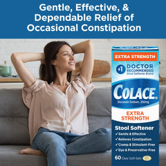 Colace stool softener label close-up with dosage details.