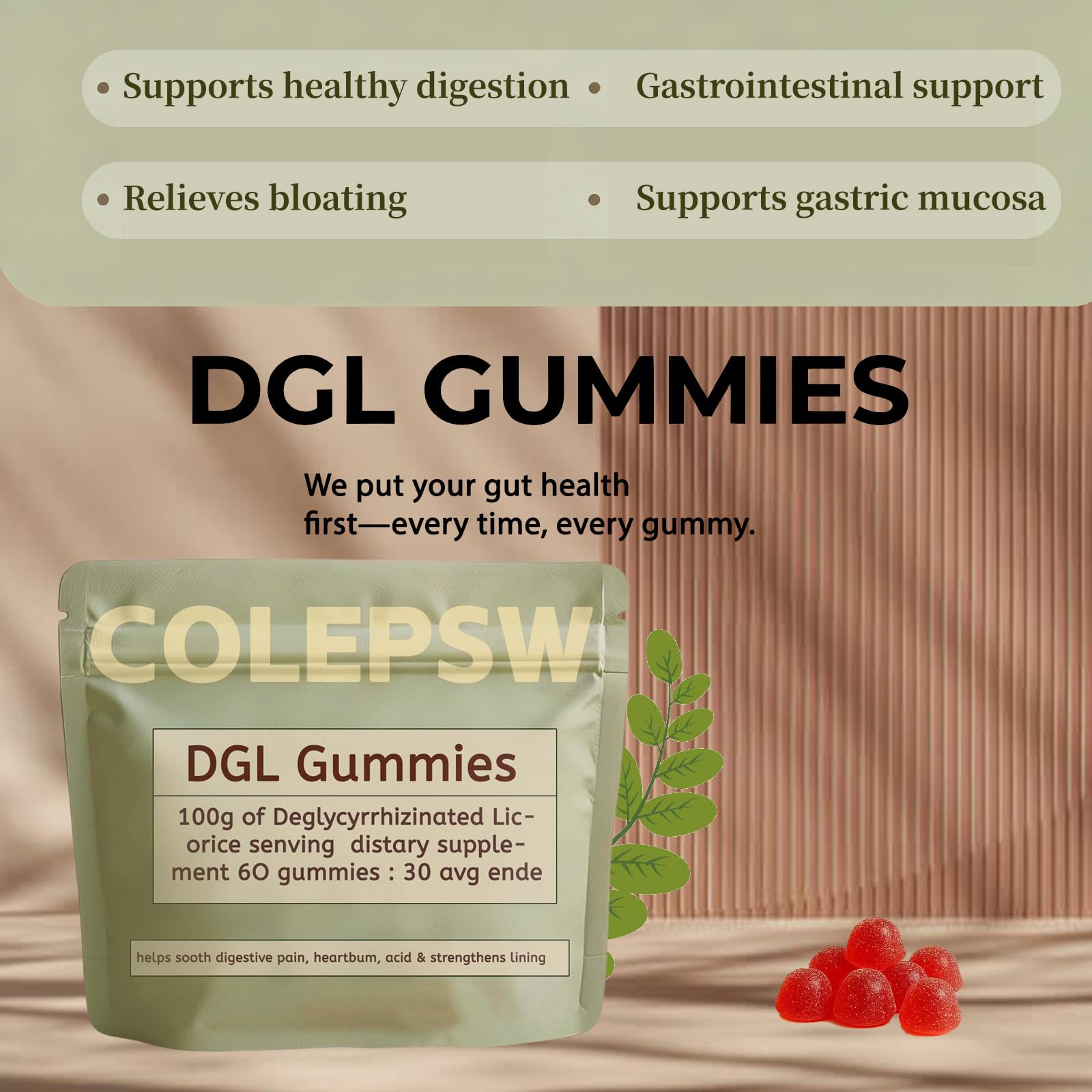 COLEPSW DGL Gummies berry flavor close-up highlights tasty digestion-friendly relief.