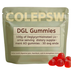 COLEPSW DGL Gummies bottle front shows berry flavor for gentle digestive support.