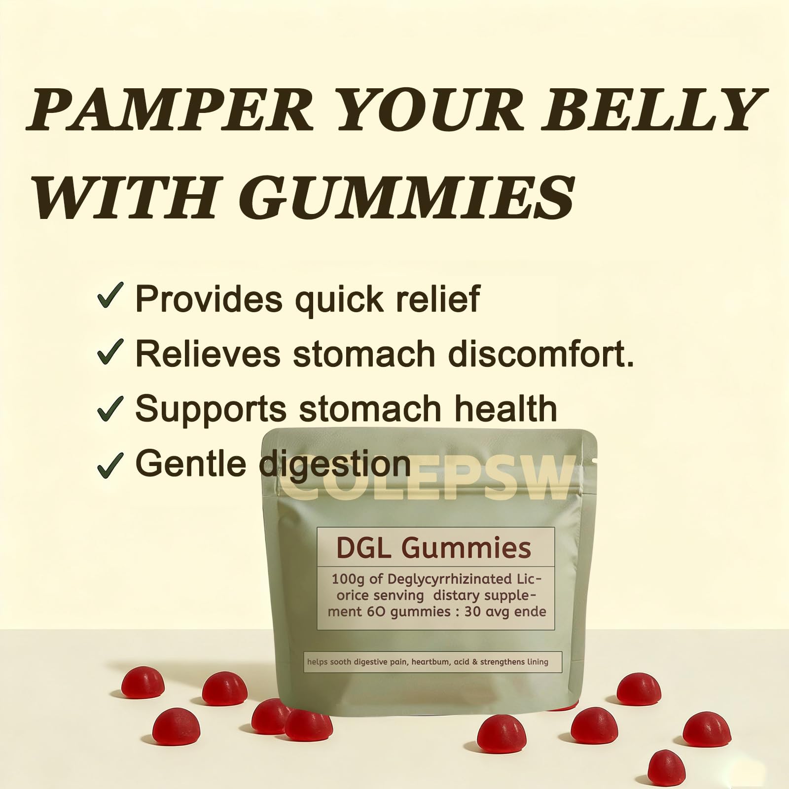 COLEPSW DGL Gummies dispensing shot demonstrates easy daily use for digestion support.