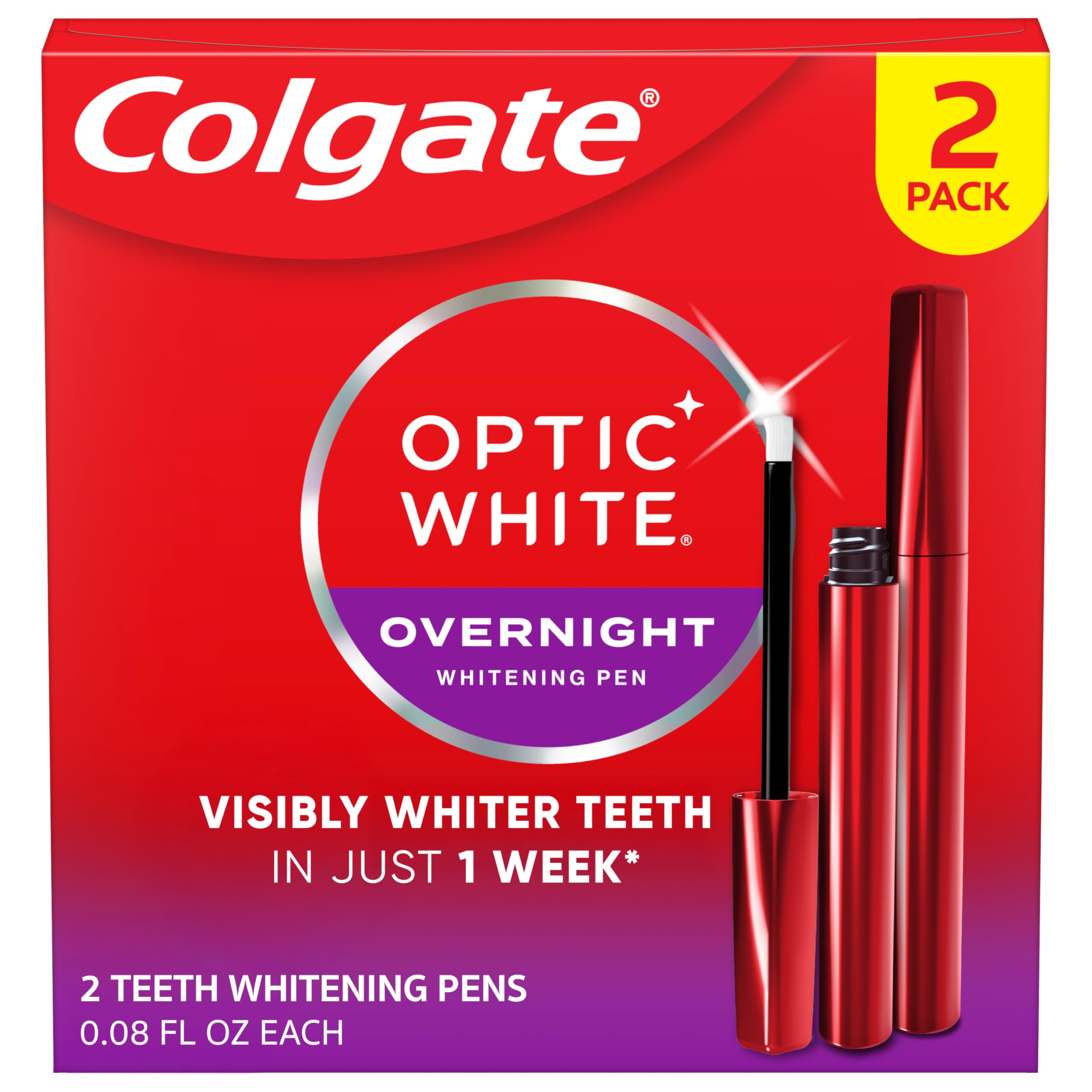 Colgate Optic White Overnight Pen with precision brush for targeted whitening, brighter smile