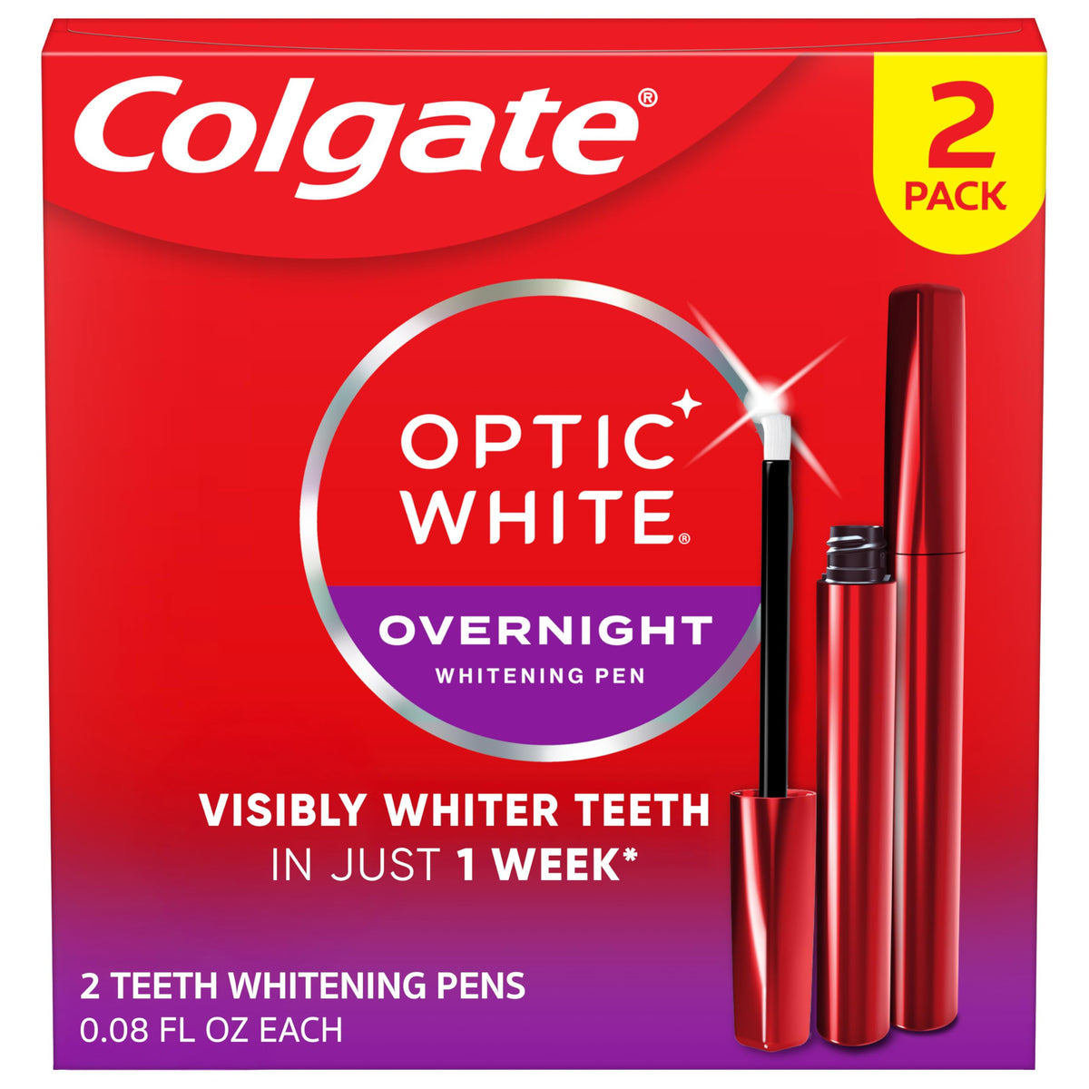 Colgate Optic White Overnight Pen with precision brush for targeted whitening, brighter smile