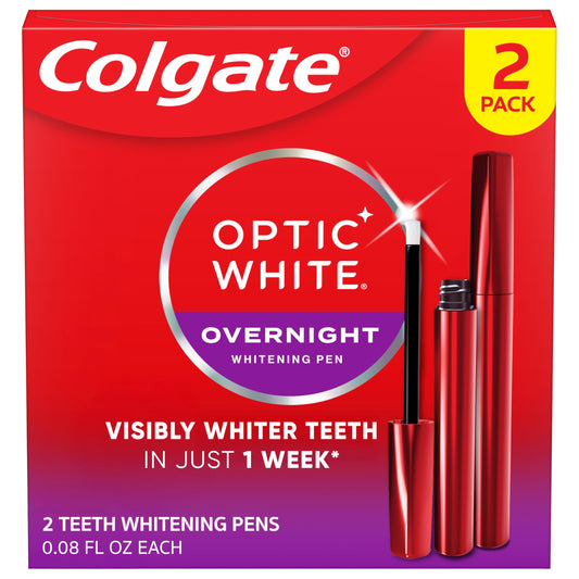 Colgate Optic White Overnight Pen with precision brush for targeted whitening, brighter smile