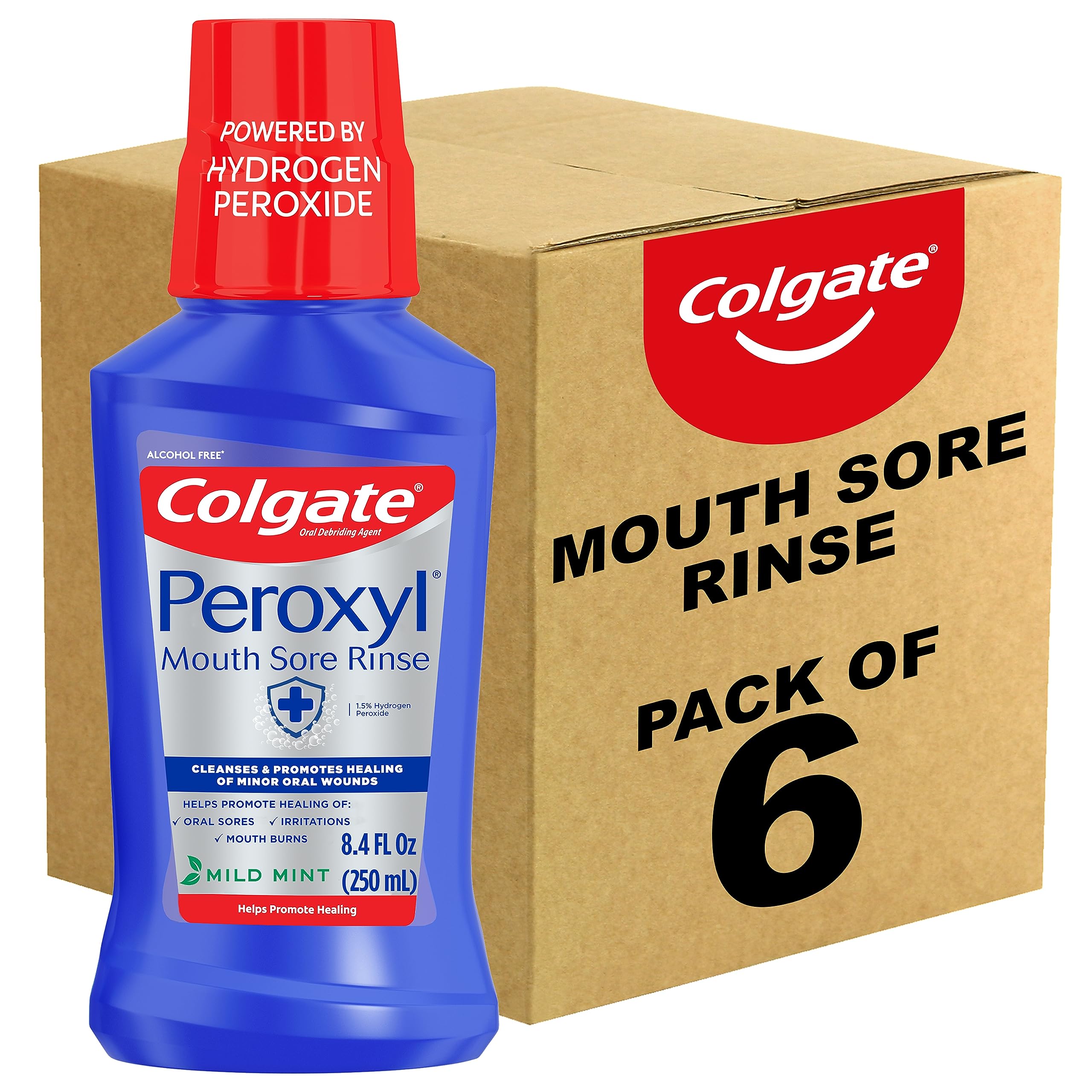 Colgate Peroxyl bottle pour showing alcohol-free antiseptic rinse for healing minor irritations.