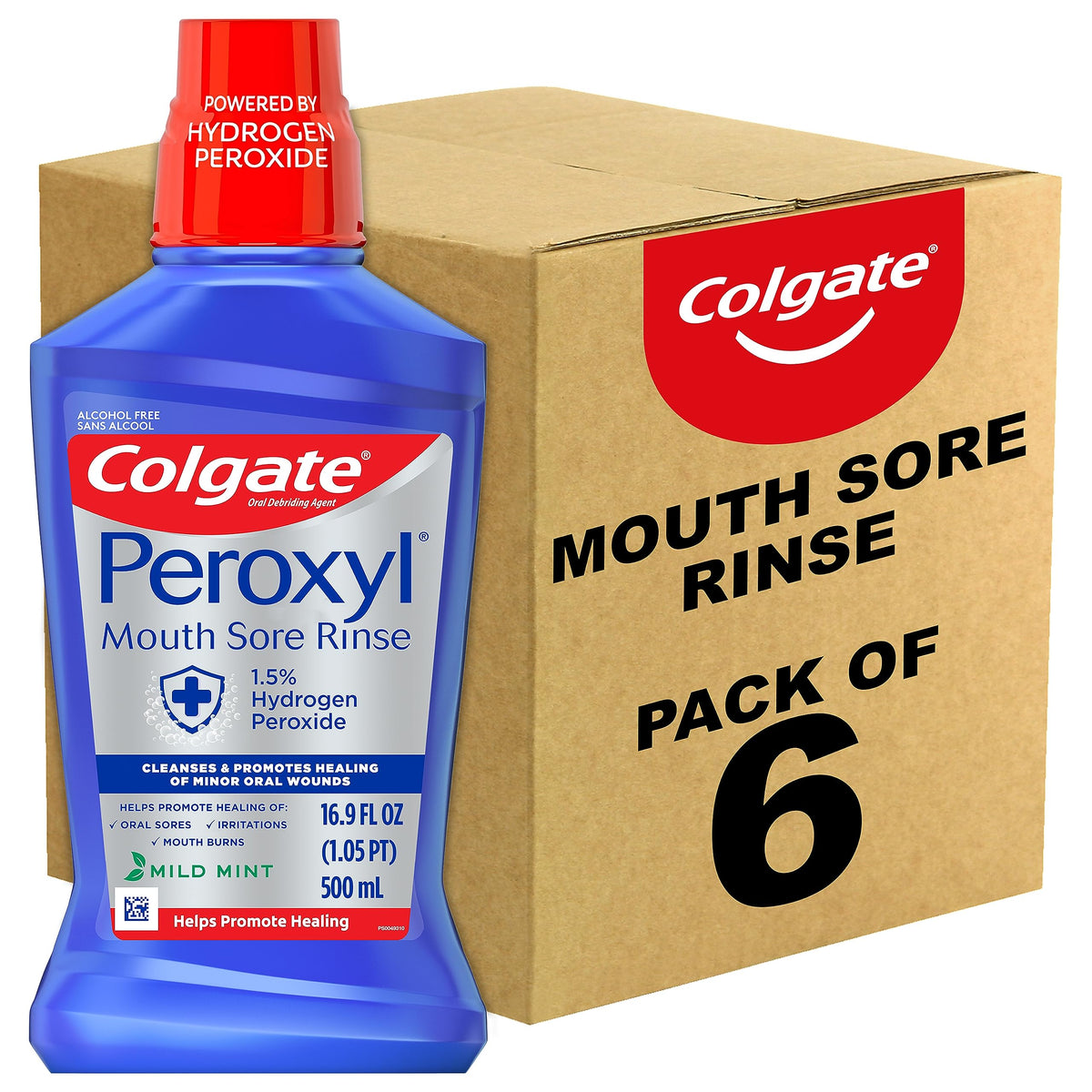 Colgate Peroxyl mouthwash bottle for minor oral irritations and gentle healing.