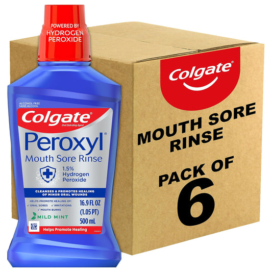 Colgate Peroxyl mouthwash bottle for minor oral irritations and gentle healing.