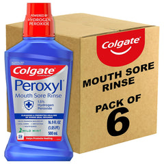 Colgate Peroxyl mouthwash bottle for minor oral irritations and gentle healing.