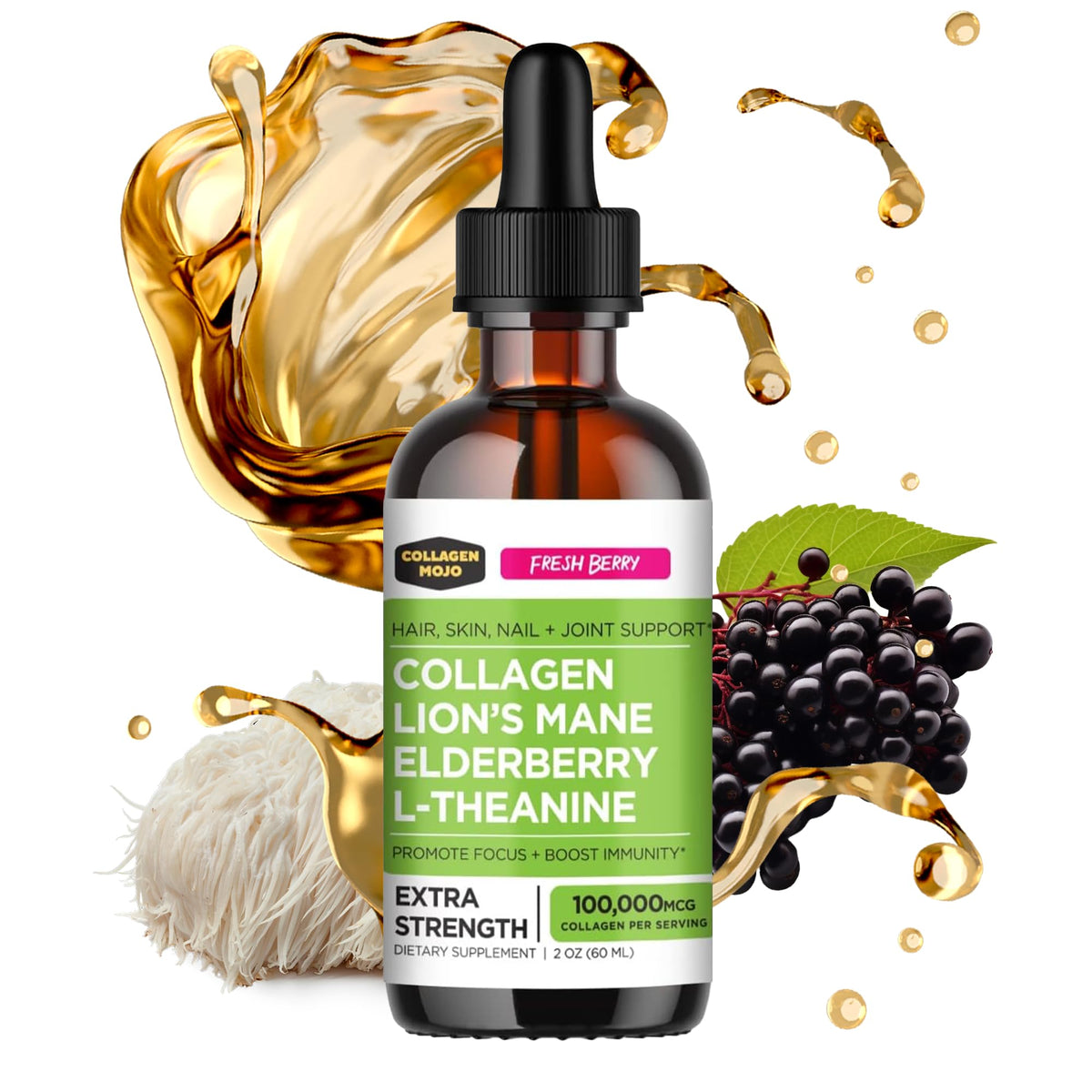 Collagen Mojo liquid collagen berry dropper for daily skin and joint support.