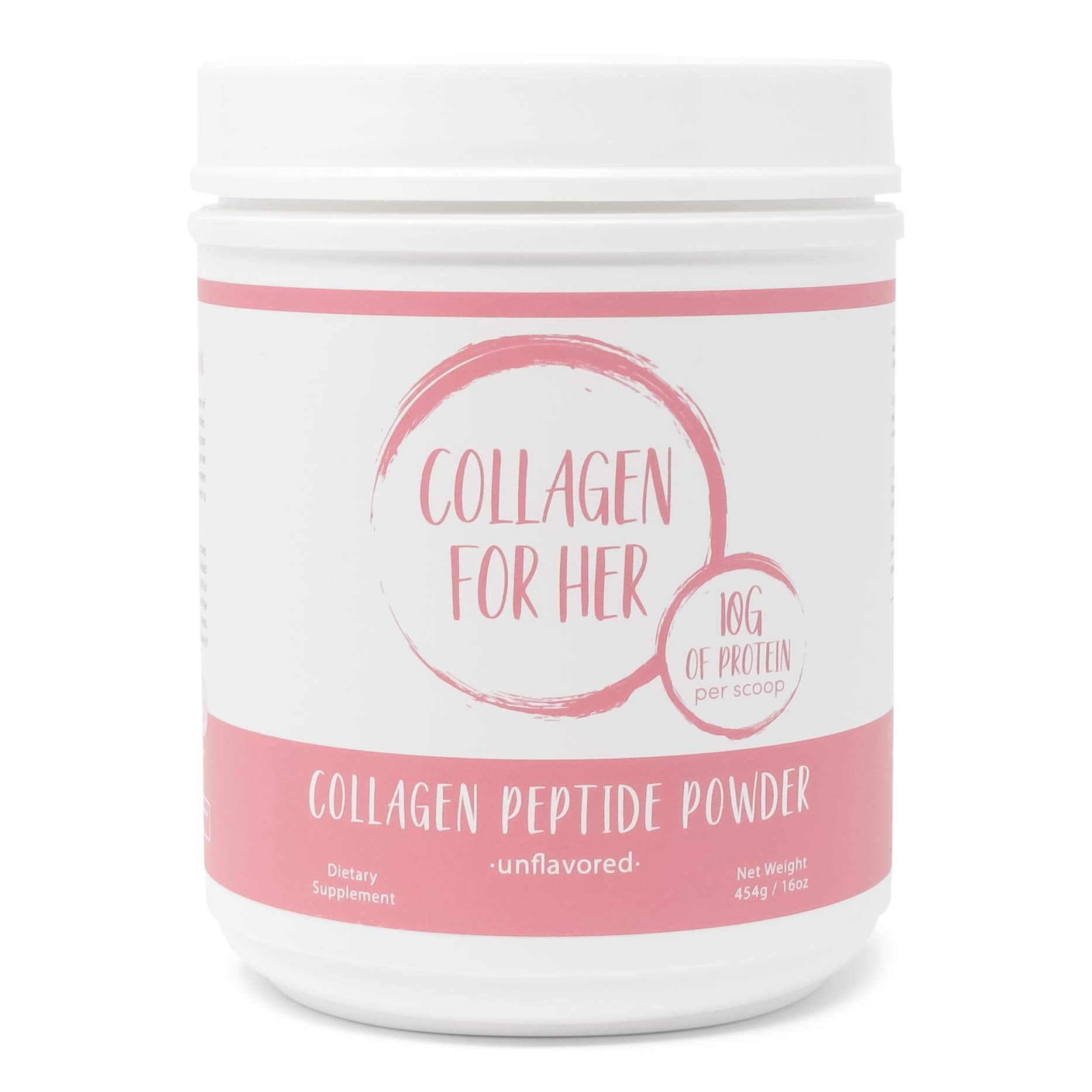 Collagen For Her unflavored powder tub ready to blend into drinks.
