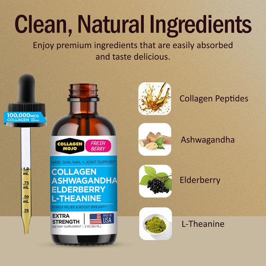 Collagen Mojo drops featuring ashwagandha and elderberry for calm focus.