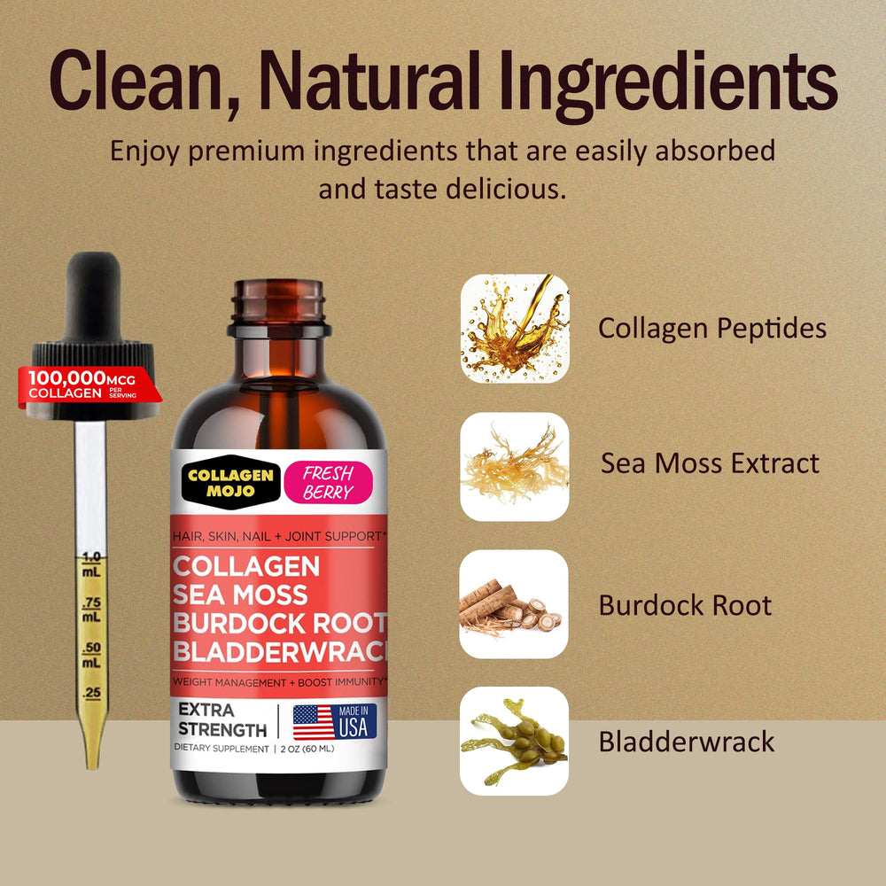 Collagen Mojo berry flavored dropper ready for under the tongue use.