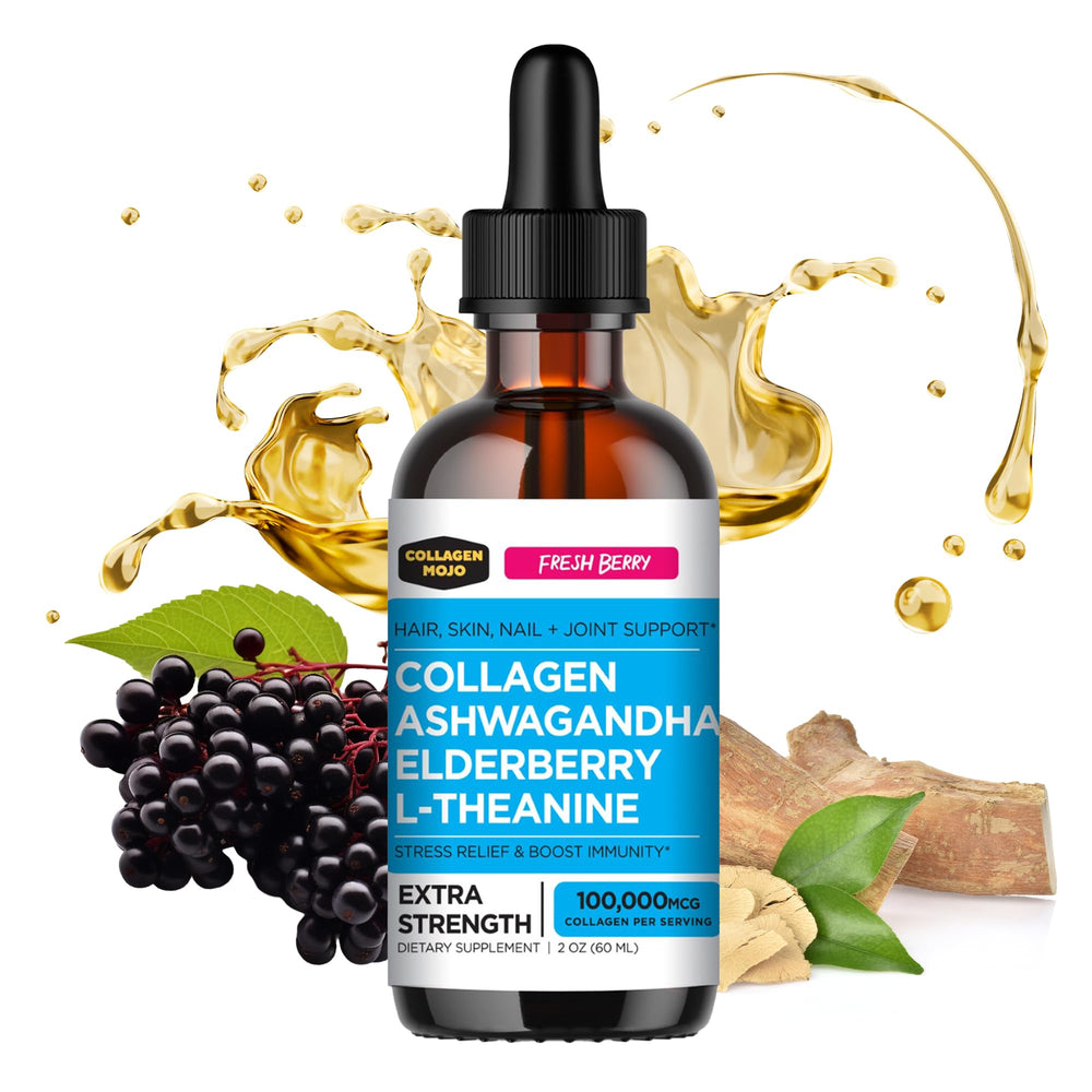 Collagen Mojo liquid bottle pour for daily collagen dosing and skin support.